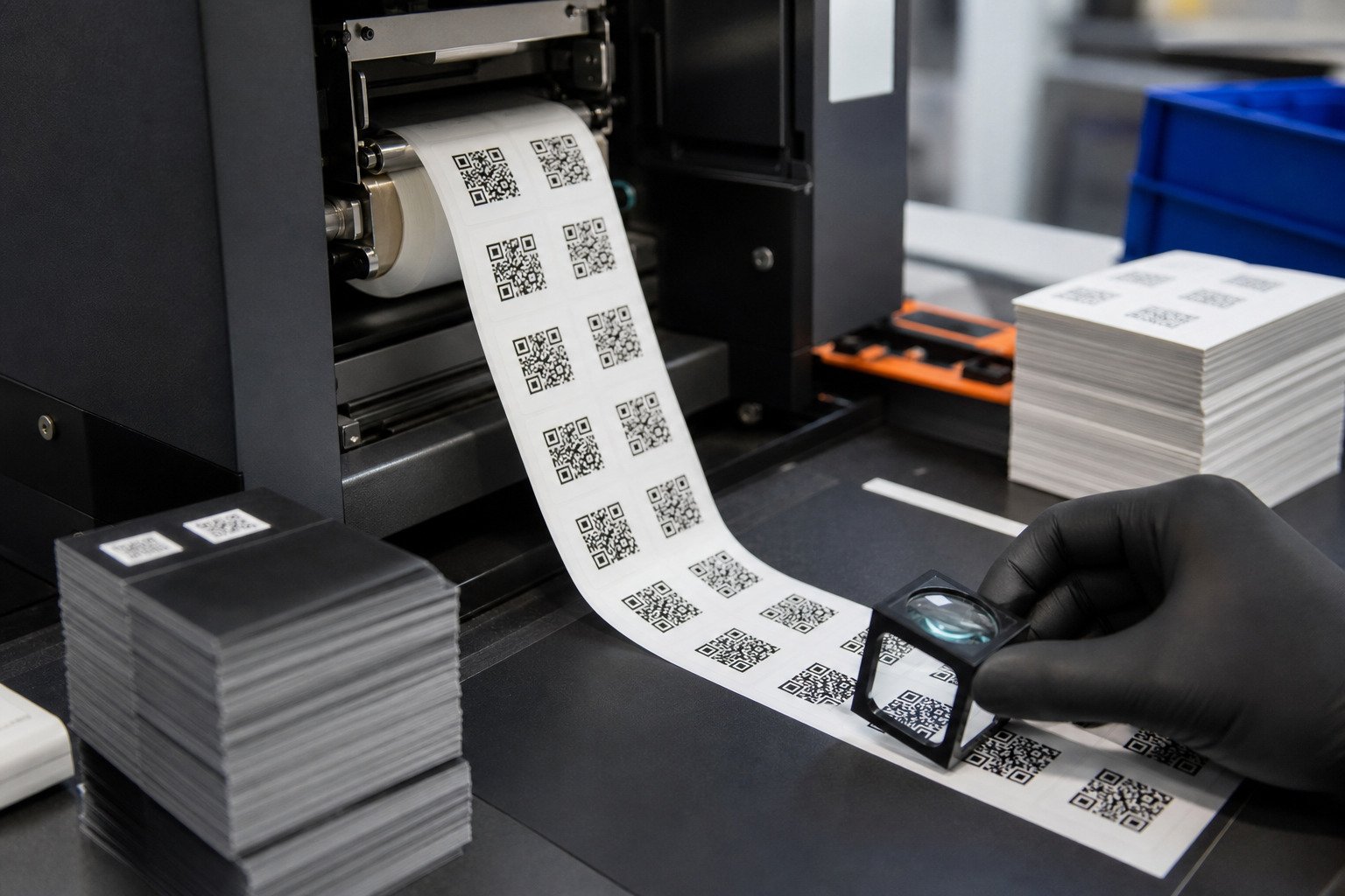 A label printer producing a roll of QR codes during a quality-control inspection.