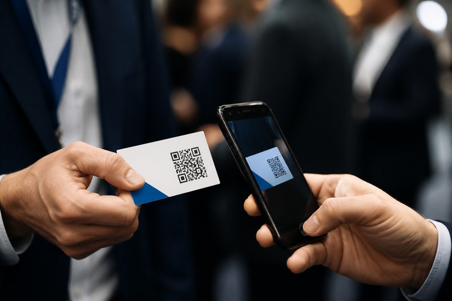 A professional contact card with a QR code being scanned at a networking event.