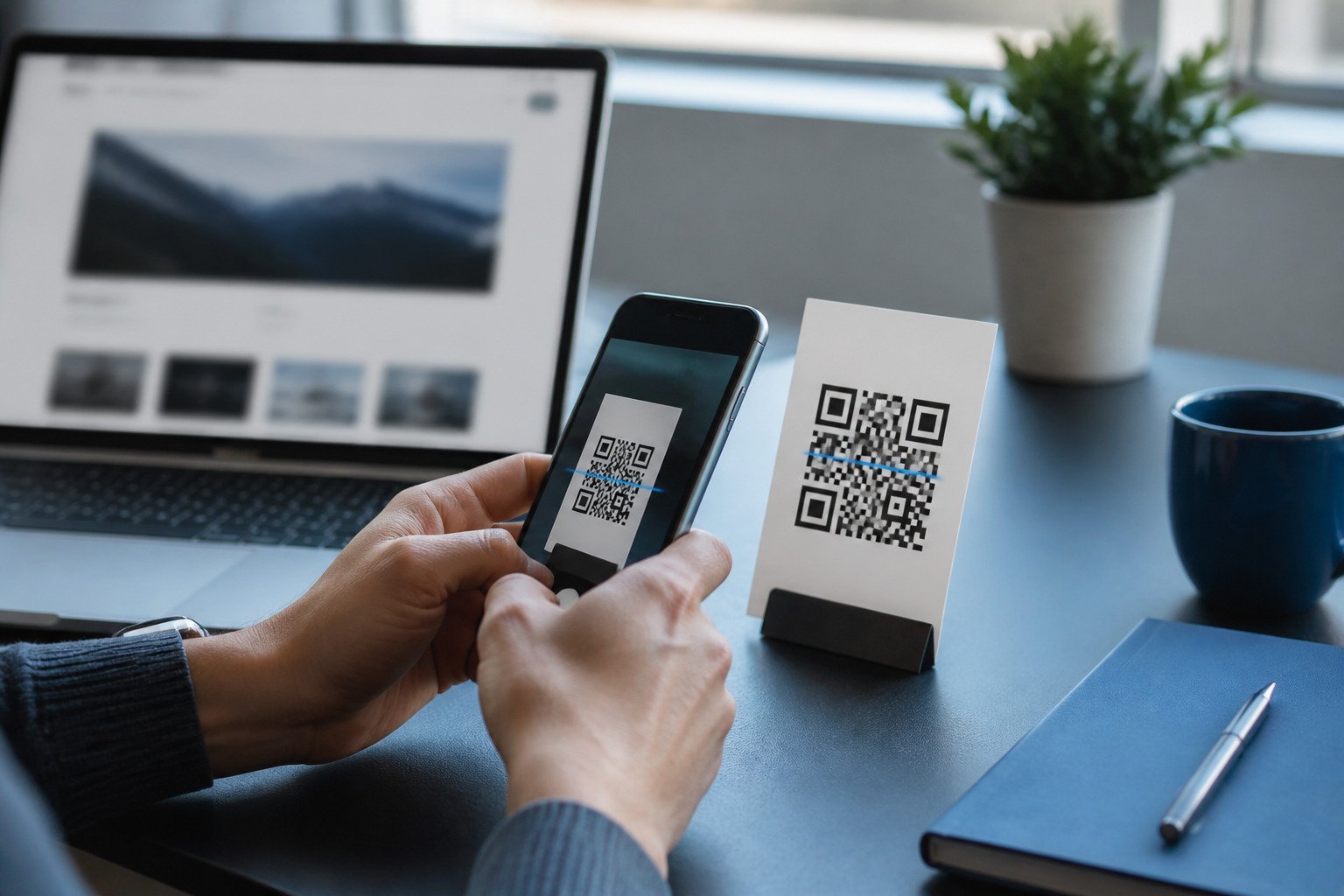 A person scanning a tabletop QR code card beside a laptop displaying a website.