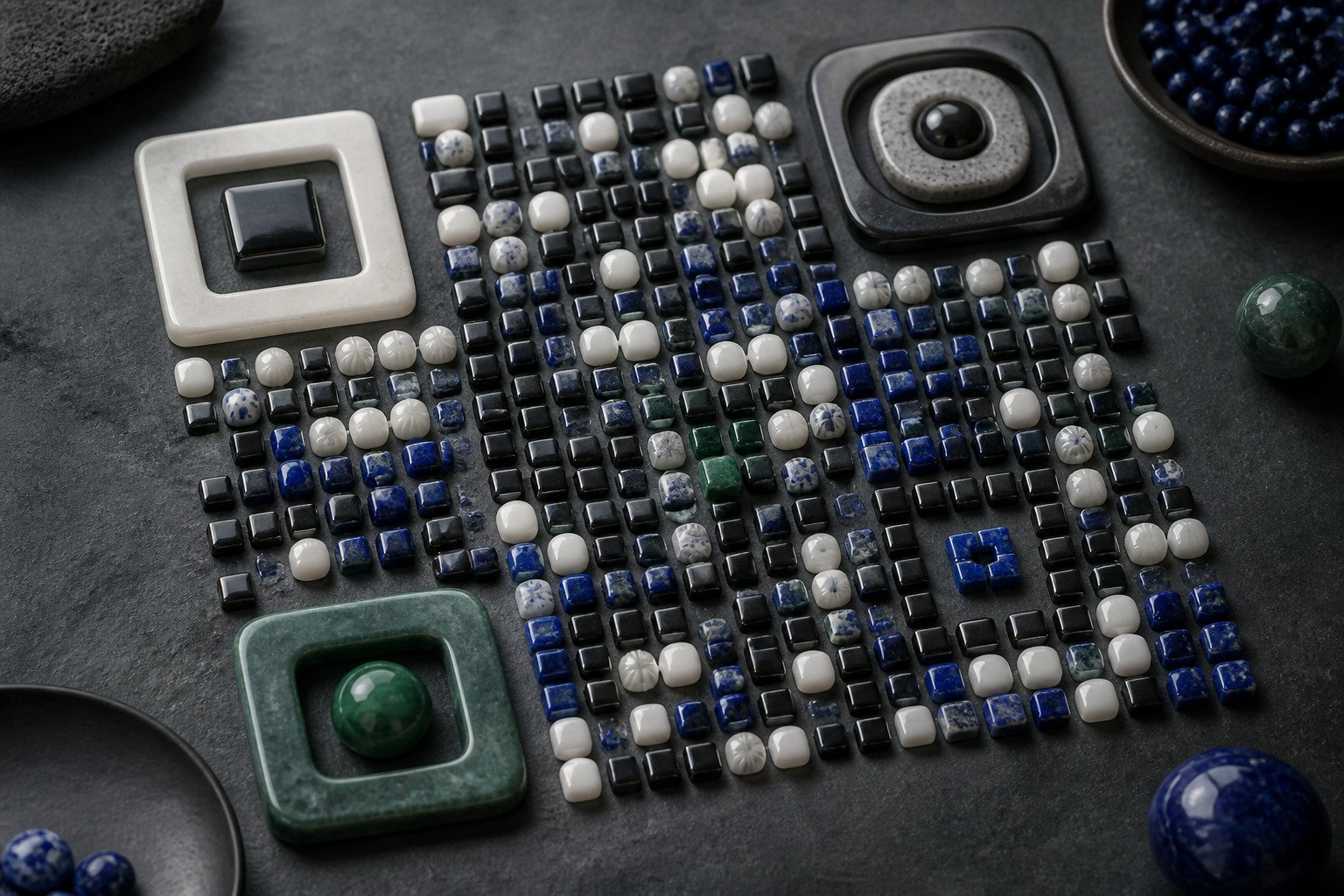 A tactile QR-style pattern assembled from rounded ceramic tiles and square modules.