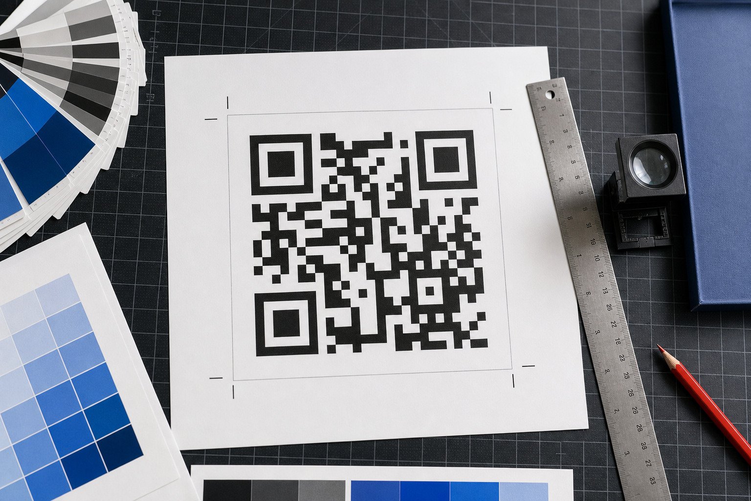 A QR code print proof beside a metal ruler, paper swatches and inspection loupe.