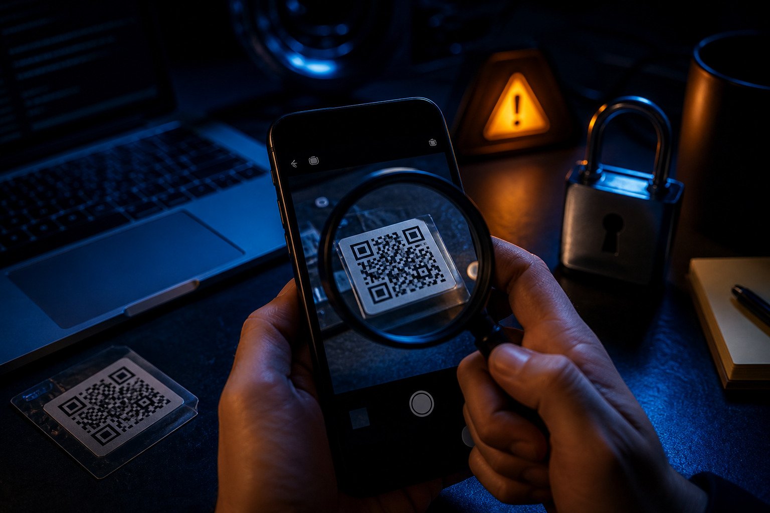 A QR code being inspected through a magnifying lens beside a physical padlock.