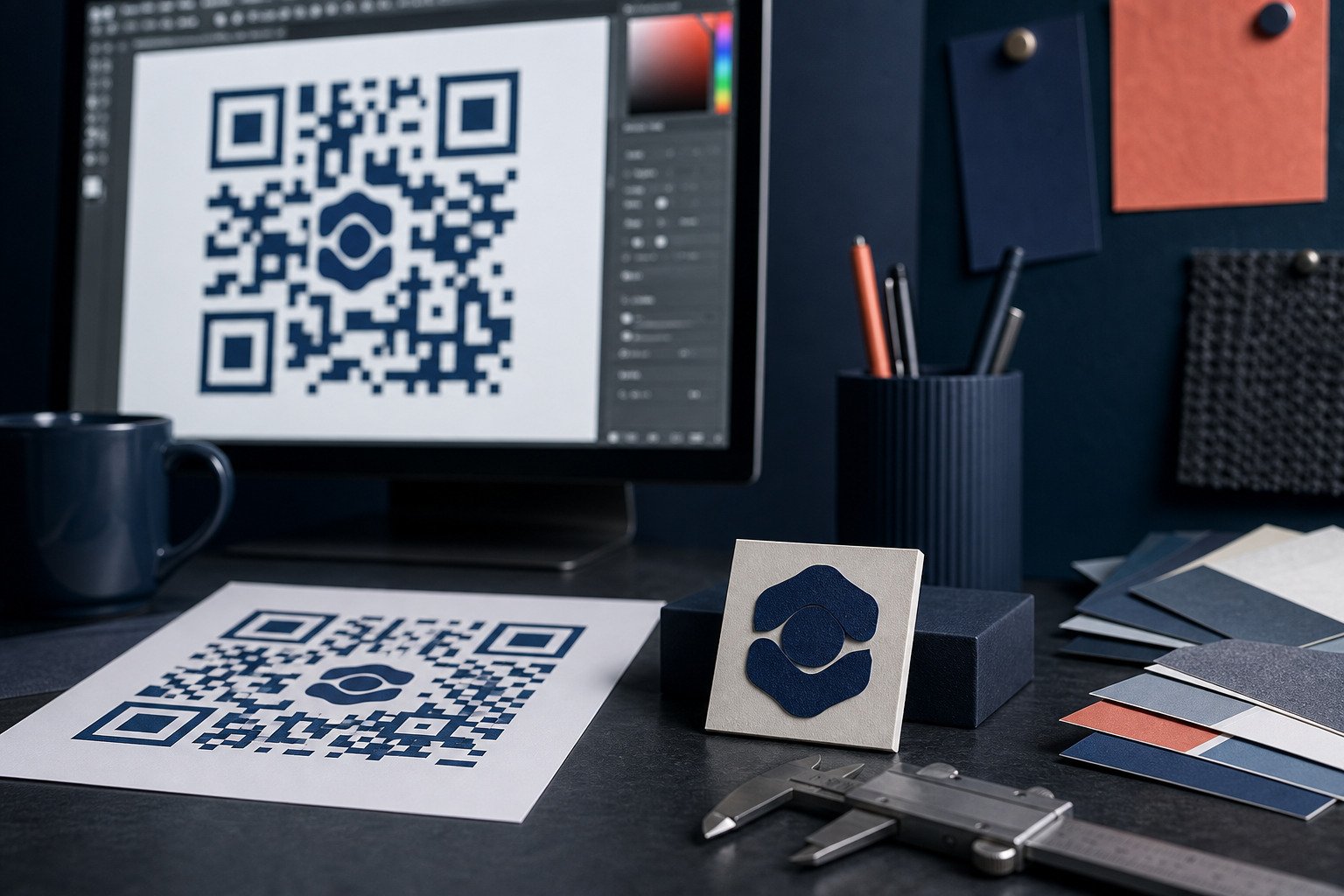 A brand design workspace with QR code proofs, material samples and a logo tile.
