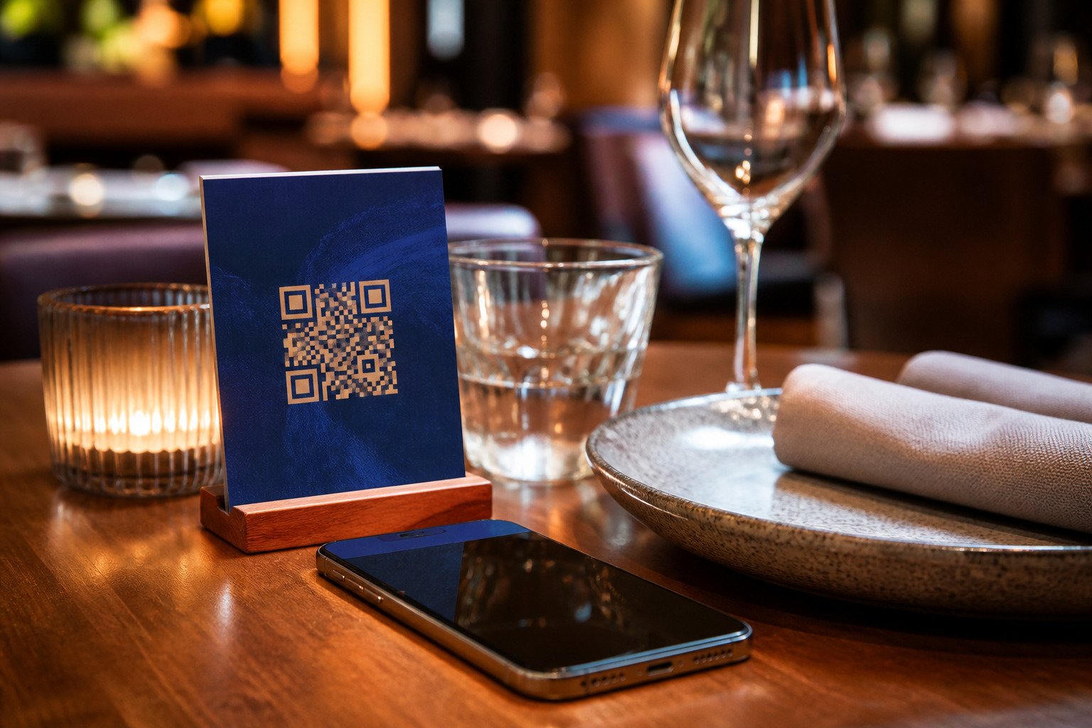 A QR menu card on a warmly lit contemporary restaurant table.