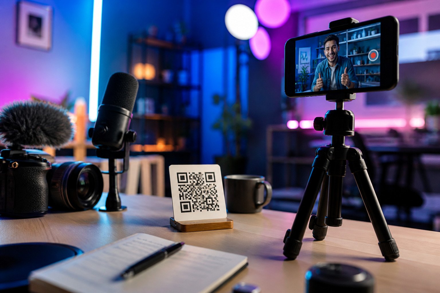 A QR code card in a colorful creator studio with camera, microphone and phone tripod.