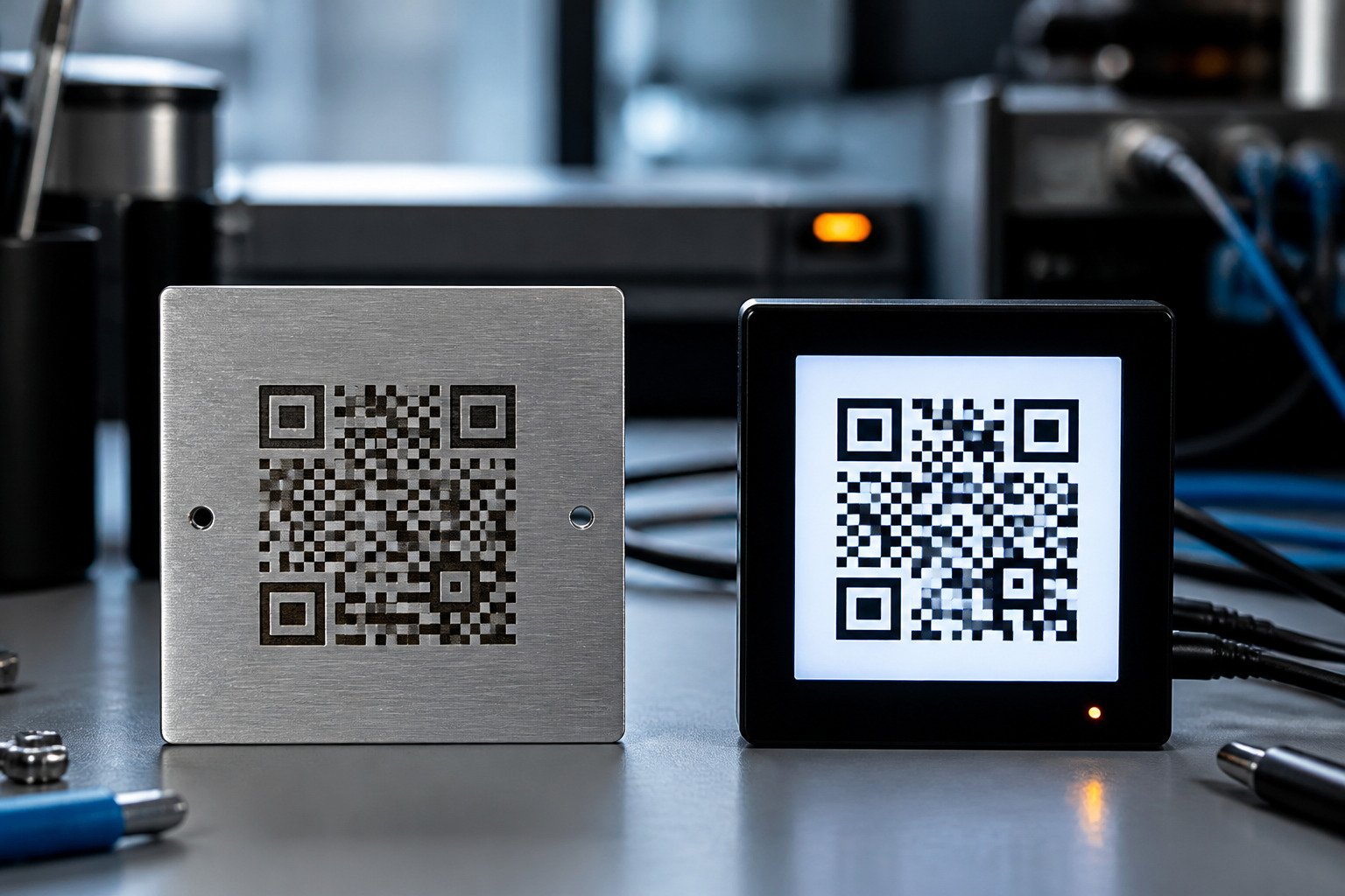 An etched metal QR plate beside a changeable QR code on a small digital display.
