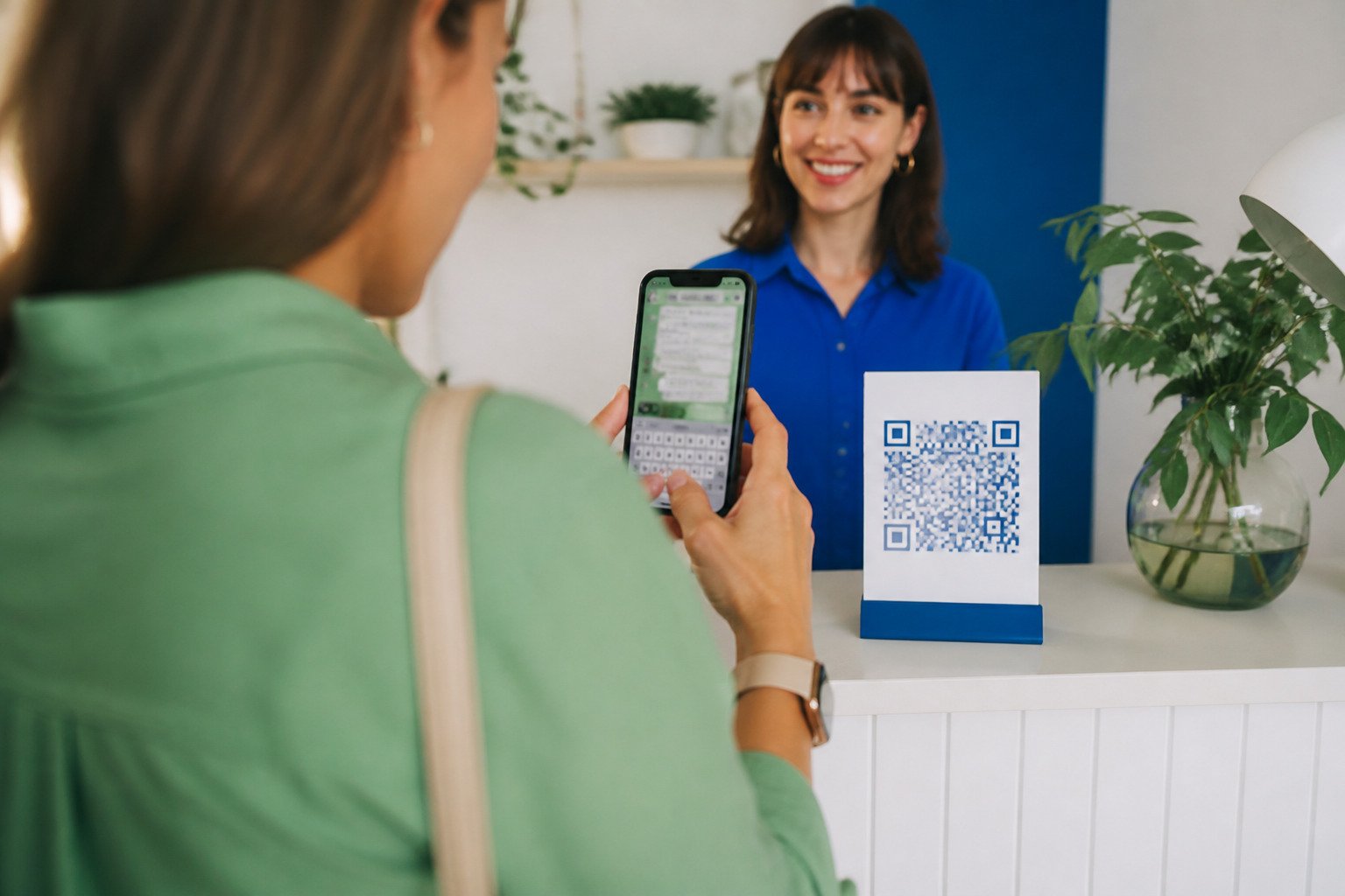 A customer scanning a QR code at a bright boutique service counter.