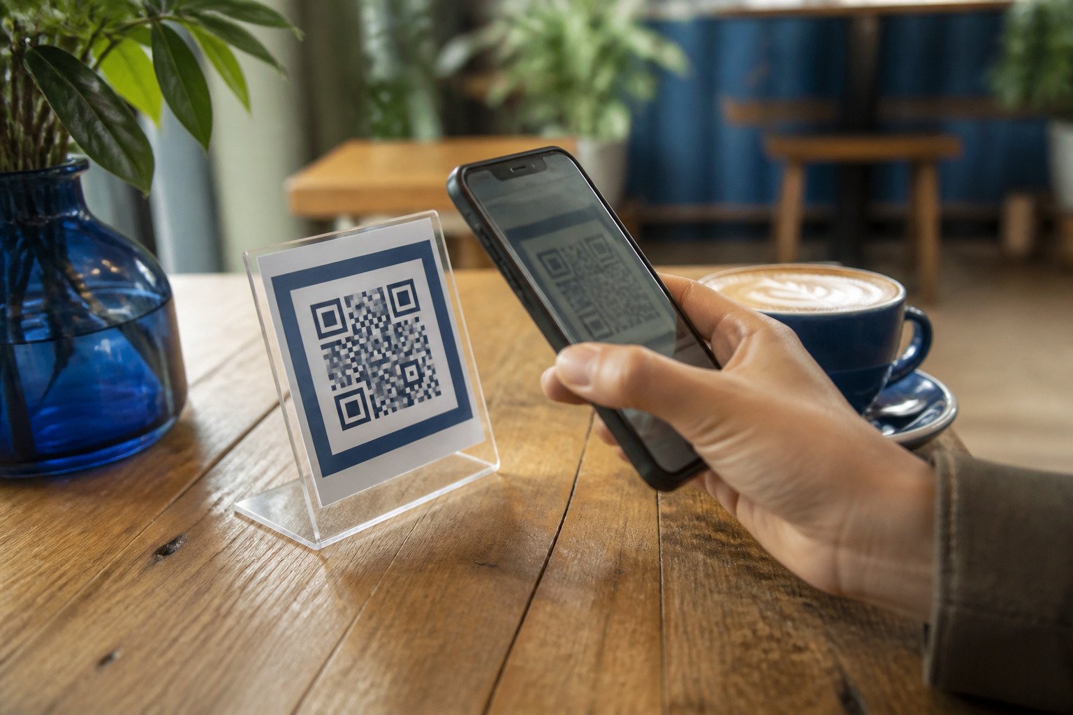 A cafe guest scanning a Wi-Fi QR code displayed on an acrylic table stand.